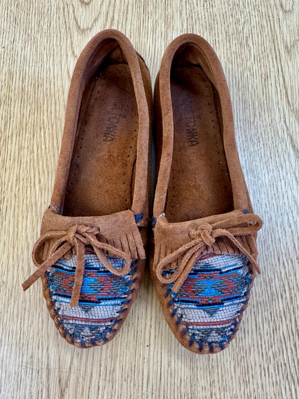 Minnetonka El Paso II Aztec Inspired Woven Fabric Toe Brown Suede Moccasins Boho